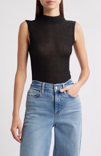 Frame Mesh Mock Neck Tank In Black