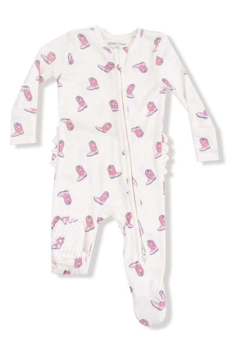 Angel Dear Cowgirl Boots Ruffle Rib Zip Footie, Main, color, Ivory/ Pink