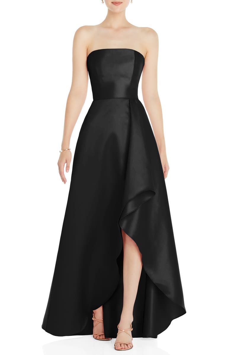 Alfred Sung Strapless Satin Gown, Main, color, Black