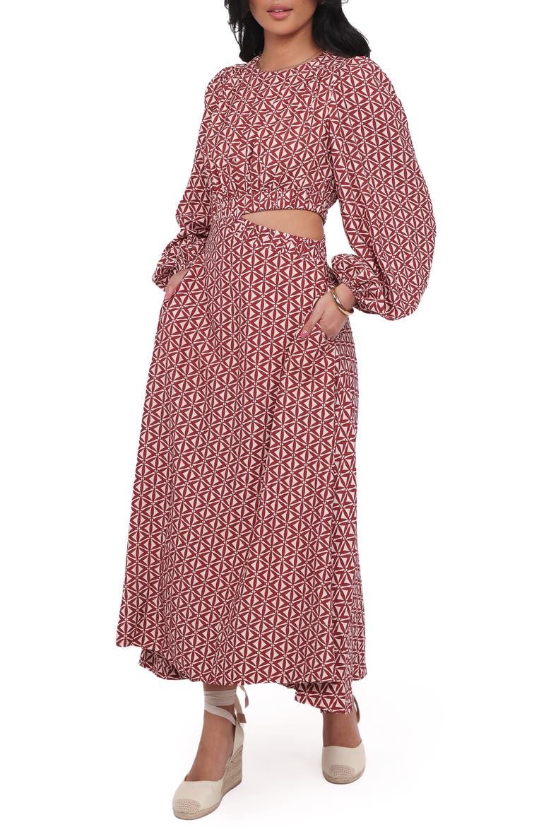 Ginnee Puff Shoulder Cutout Maxi Dress, Alternate, color, BROWN GEO