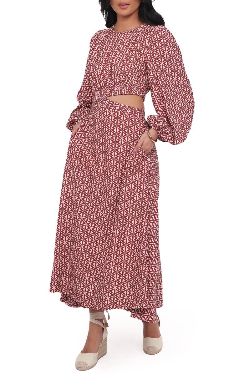 Petal & Pup Ginnee Puff Shoulder Cutout Maxi Dress, Alternate, color, Brown Geo