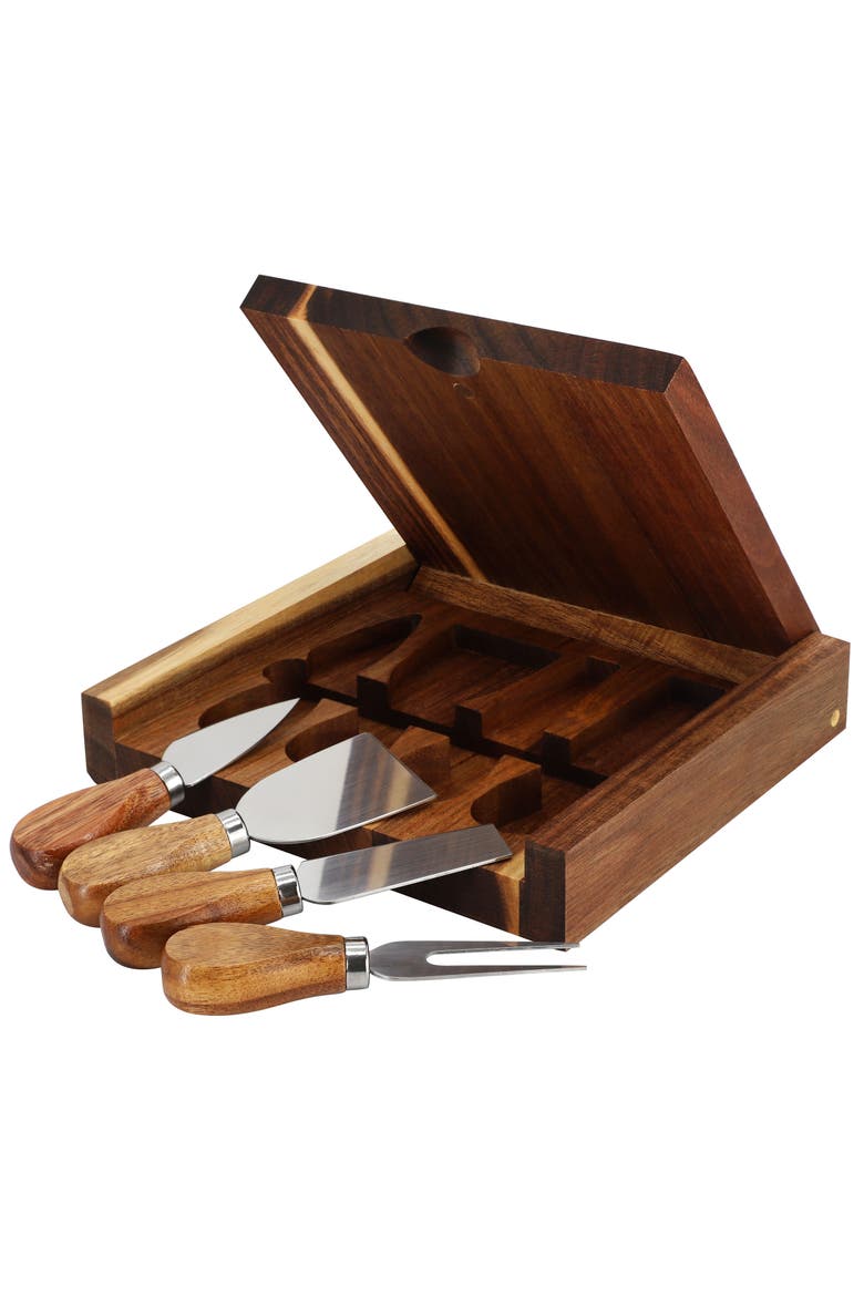 Acacia Wood 5 Piece Square Cheese Board with Knife Set, Alternate, color, Acacia