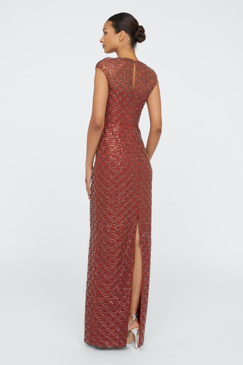 Theia Aura Beaded Column Gown In Brown