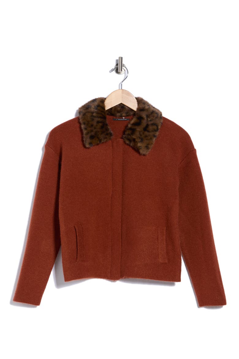 Faux Fur Collar Sweater Jacket, Main, color, BURNT UMBER