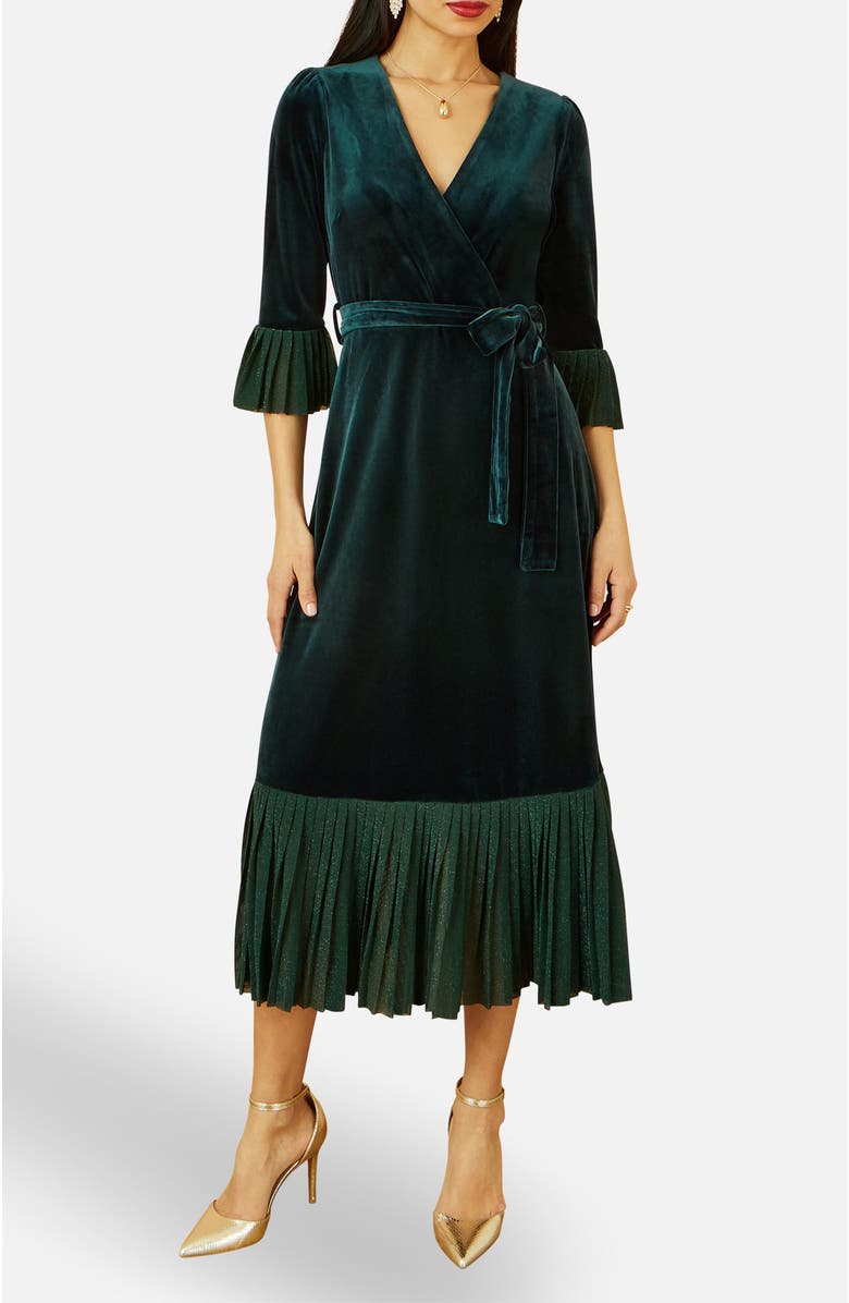 Yumi Velvet Wrap V-Neck Midi Dress, Alternate, color,