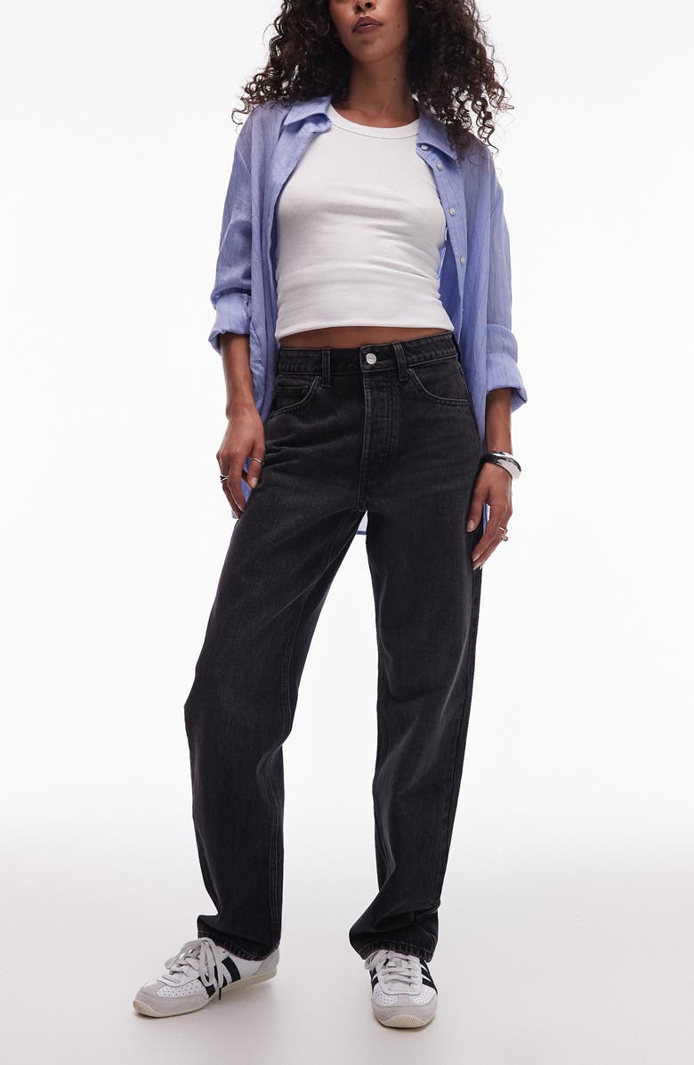 Topshop Kort High Waist Straight Leg Jeans, Main, color, Black