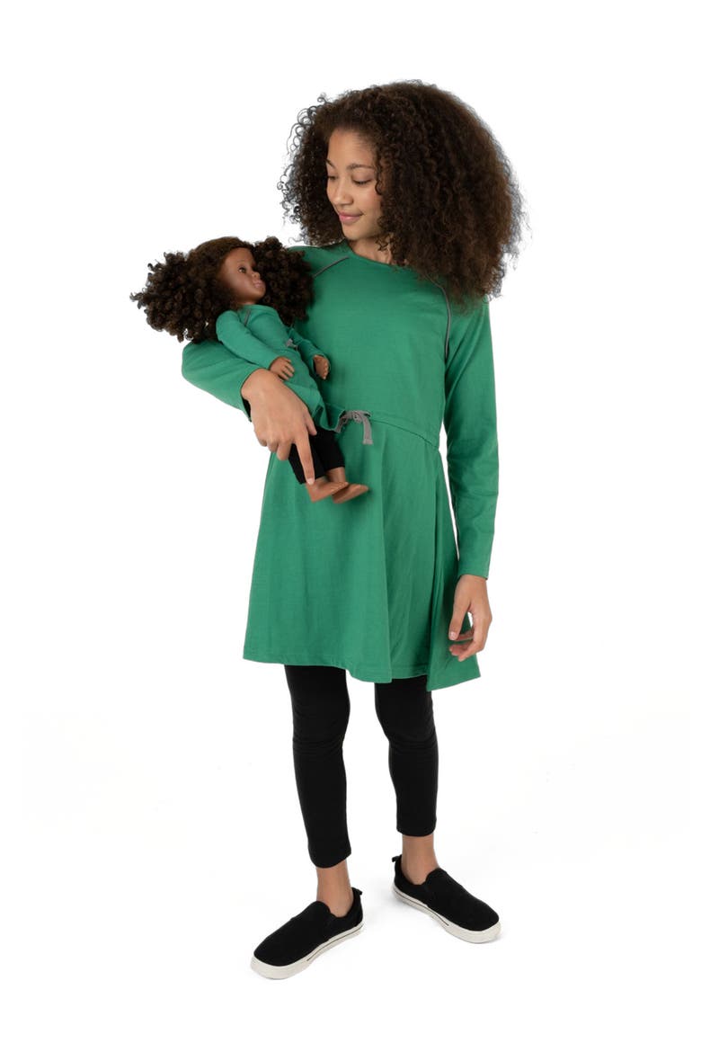 Girls Bow Tie Dress with Matching Doll Dress, Alternate, color, GREEN