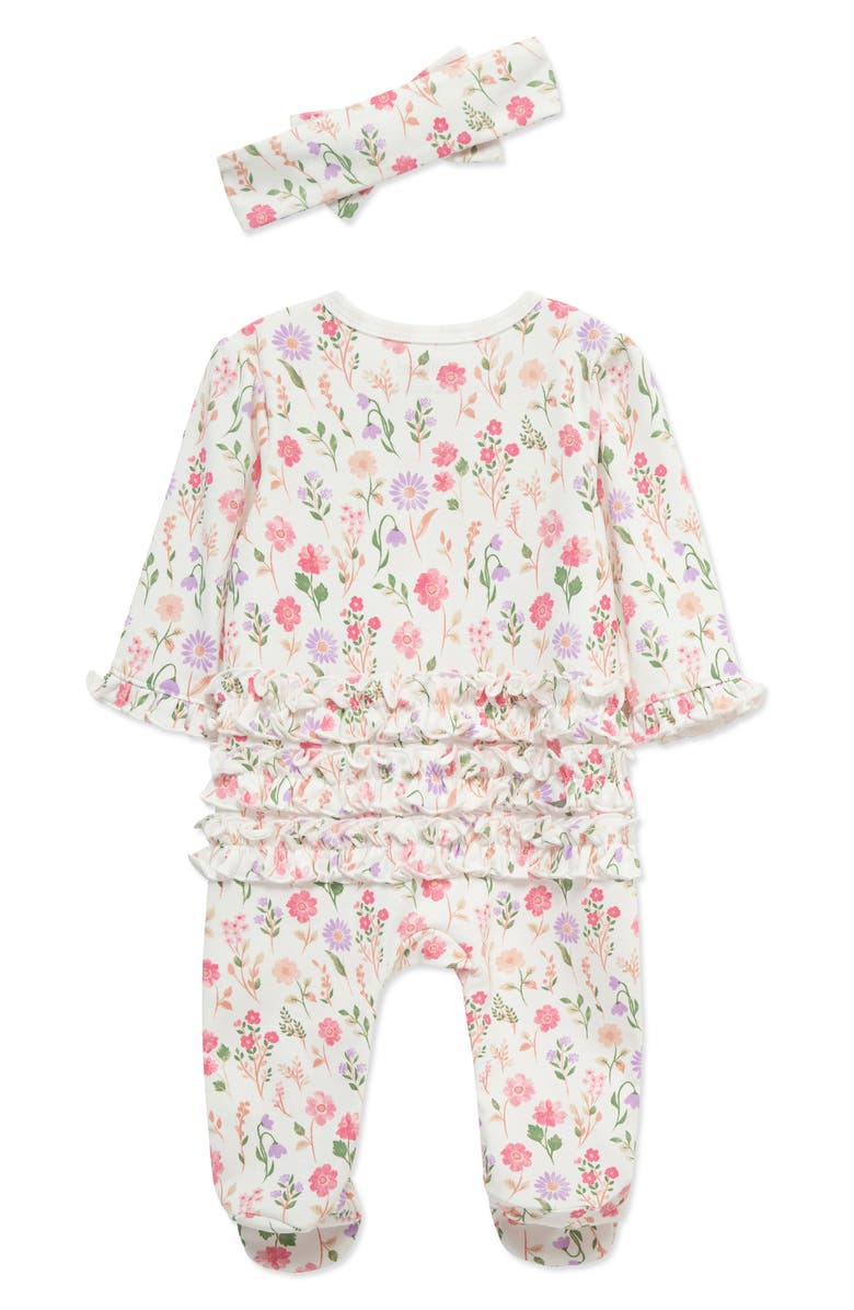 Little Me Meadow Garden Ruffle Cotton Footie & Headband Set, Alternate, color, Floral
