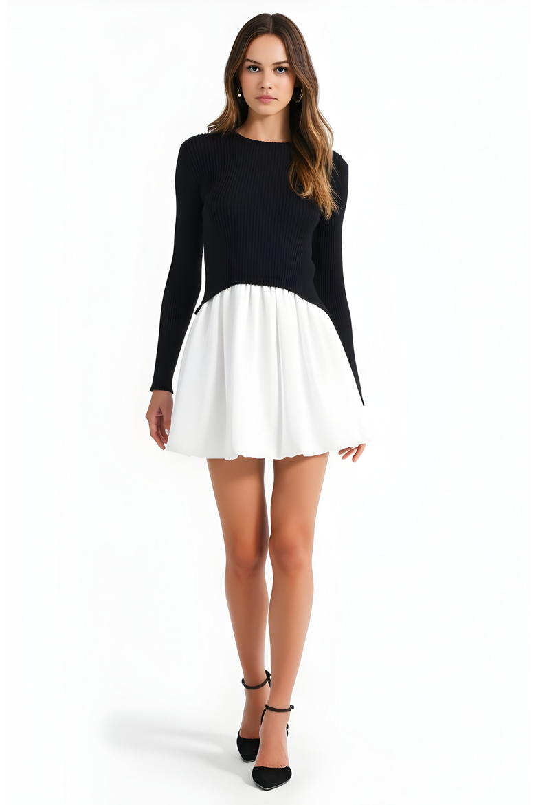 Knit and Woven Fit-and-Flare Mini Dress with Ribbed Long Sleeve Top, Alternate, color, Black / White