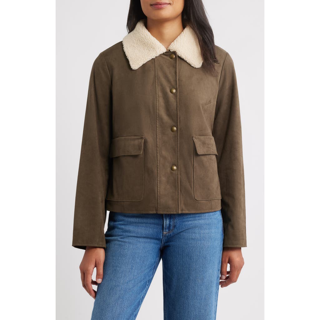 Sam Edelman Faux Leather Jacket with Faux Shearling Collar in Loden at Nordstrom Rack, Size Xx-Large