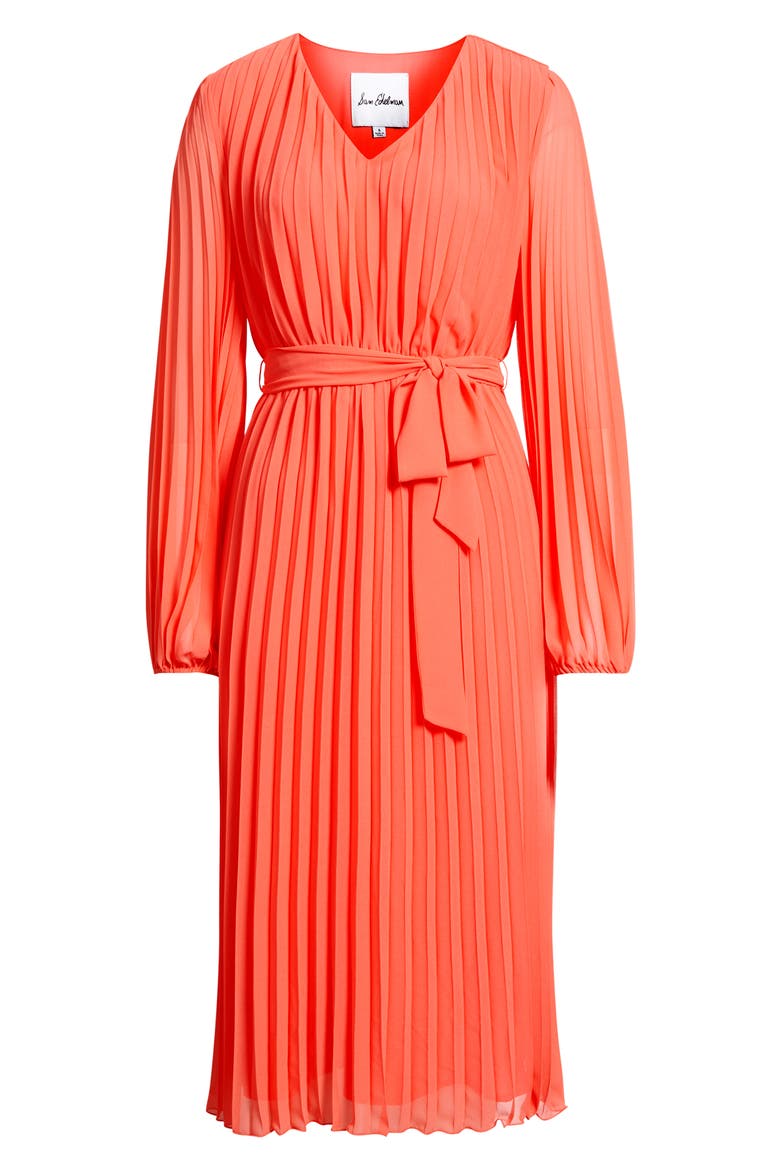 Pleated Long Sleeve Dress, Alternate, color, CORAL