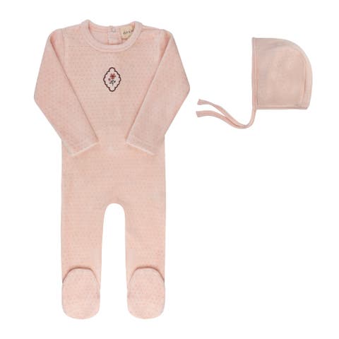 Embroidered Floral Dot Collection - Footie & Bonnet