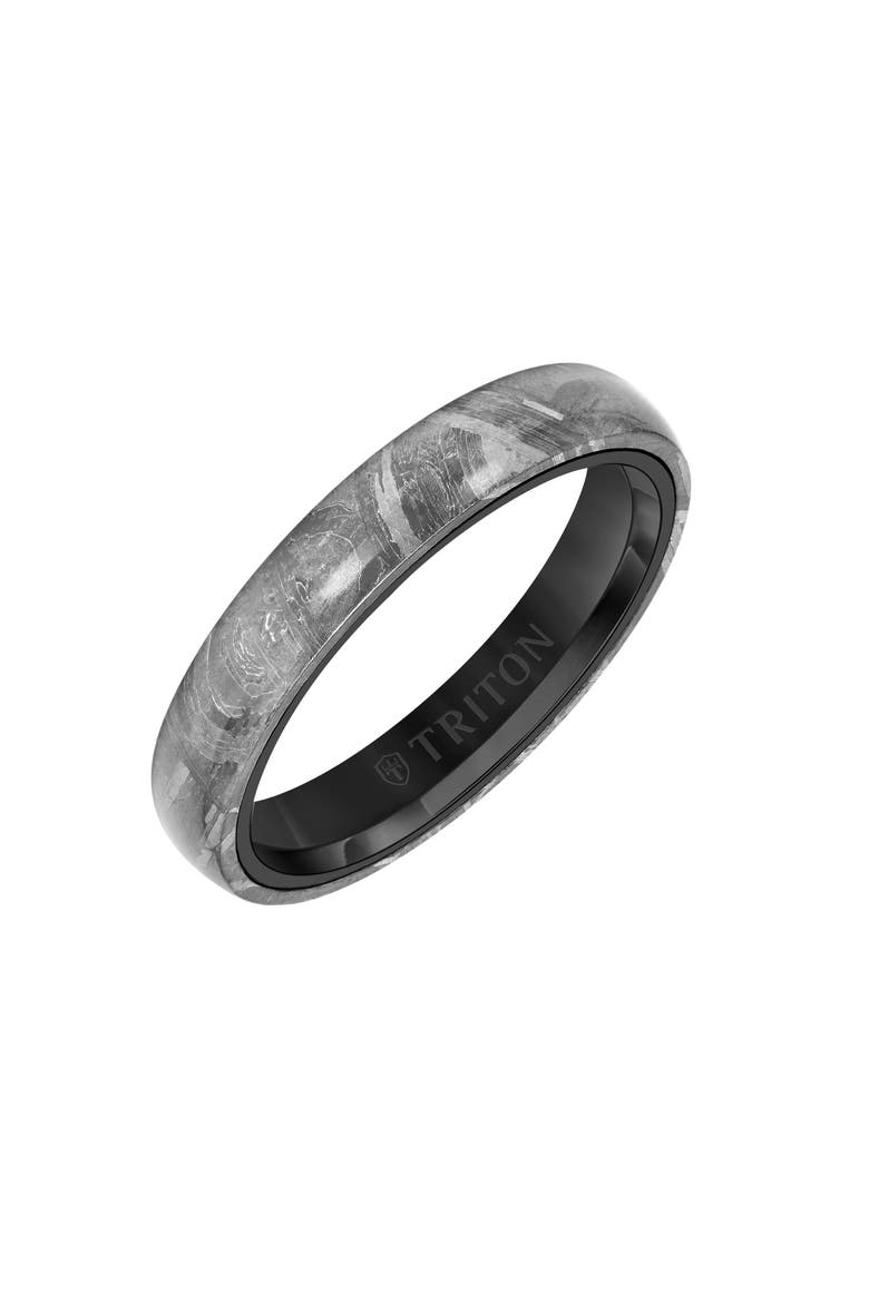 5MM Meteorite Ring with Black Tungsten Sleeve and Low Dome with Flat Edge, Main, color, Metallic Silver