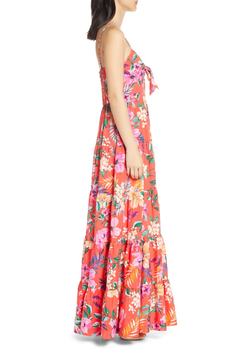 Floral Tie Front Tiered Maxi Sundress, Alternate, color, ORANGE
