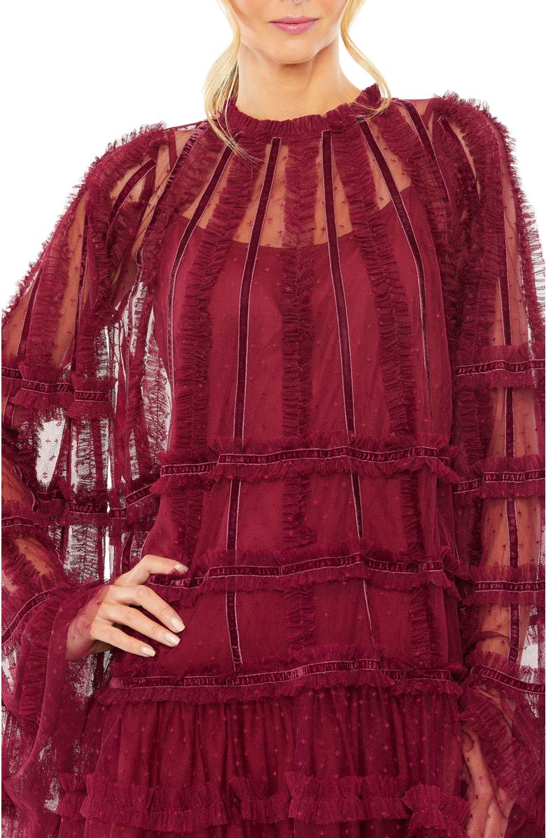 Mac Duggal High Neck Ruffle Bell Sleeve Trapeze Dress, Alternate, color, Crimson