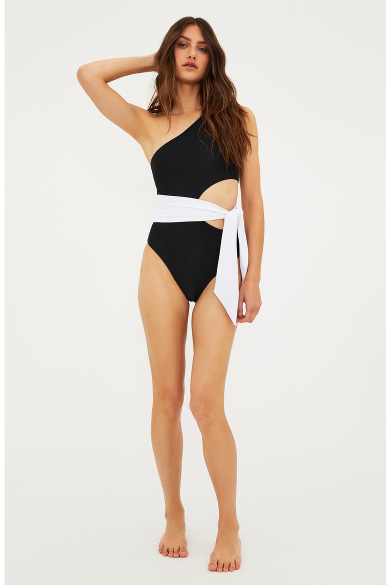 Carlie Cutout One-Shoulder Tie Waist One-Piece Swimsuit, Alternate, color, BLACK/ WHITE