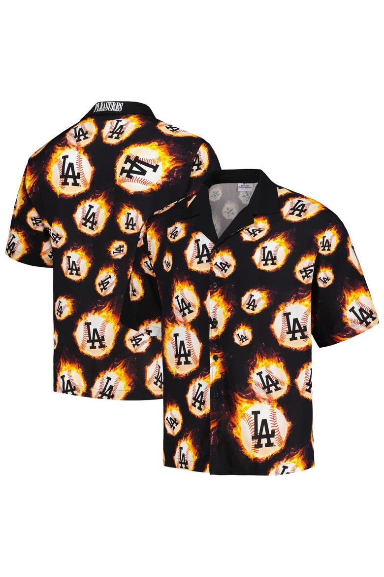 Men's PLEASURES  Black Los Angeles Dodgers Flame Fireball Button-Up Shirt, Main, color, Black