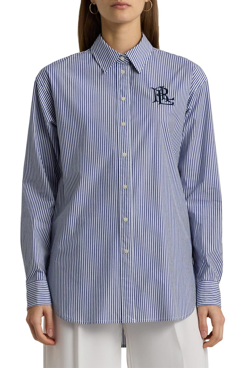Relaxed Fit Striped Stretch Cotton Shirt, Main, color, BLU/WHT