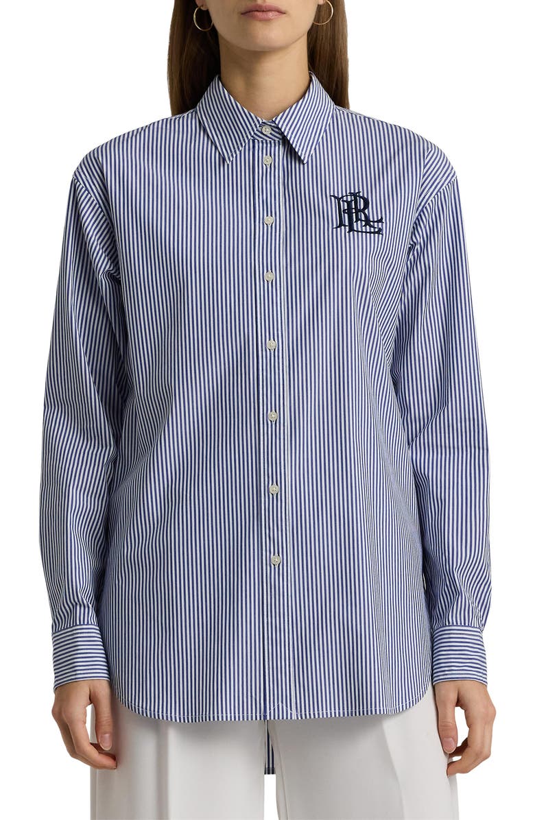 Lauren Ralph Lauren Relaxed Fit Striped Stretch Cotton Shirt, Main, color, Blue/White