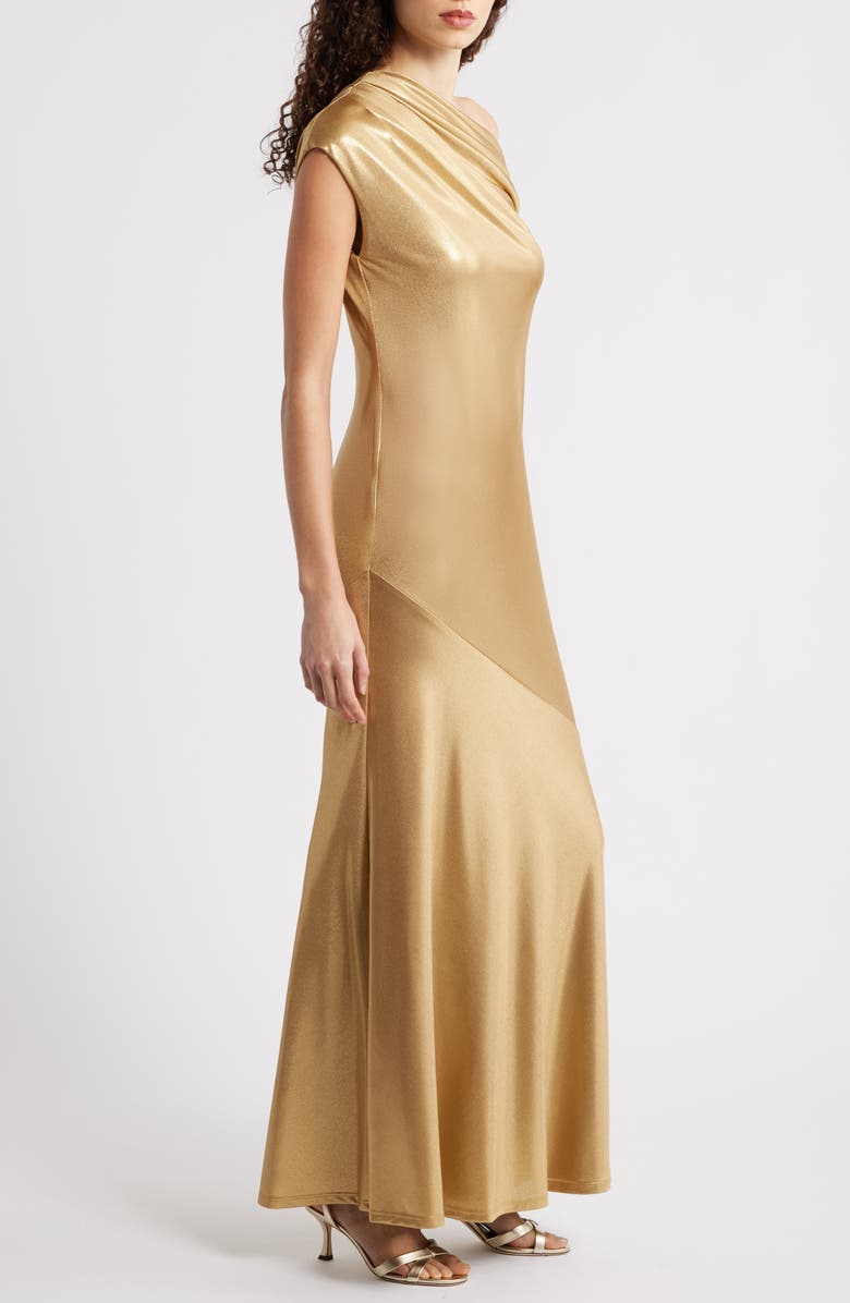 Lauren Ralph Lauren Metallic One Shoulder Gown, Alternate, color, Relic Gold/ Gold Foil