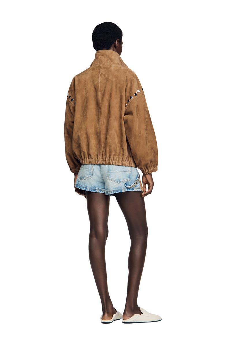 SANDRO Studded suede jacket, Alternate, color, Camel