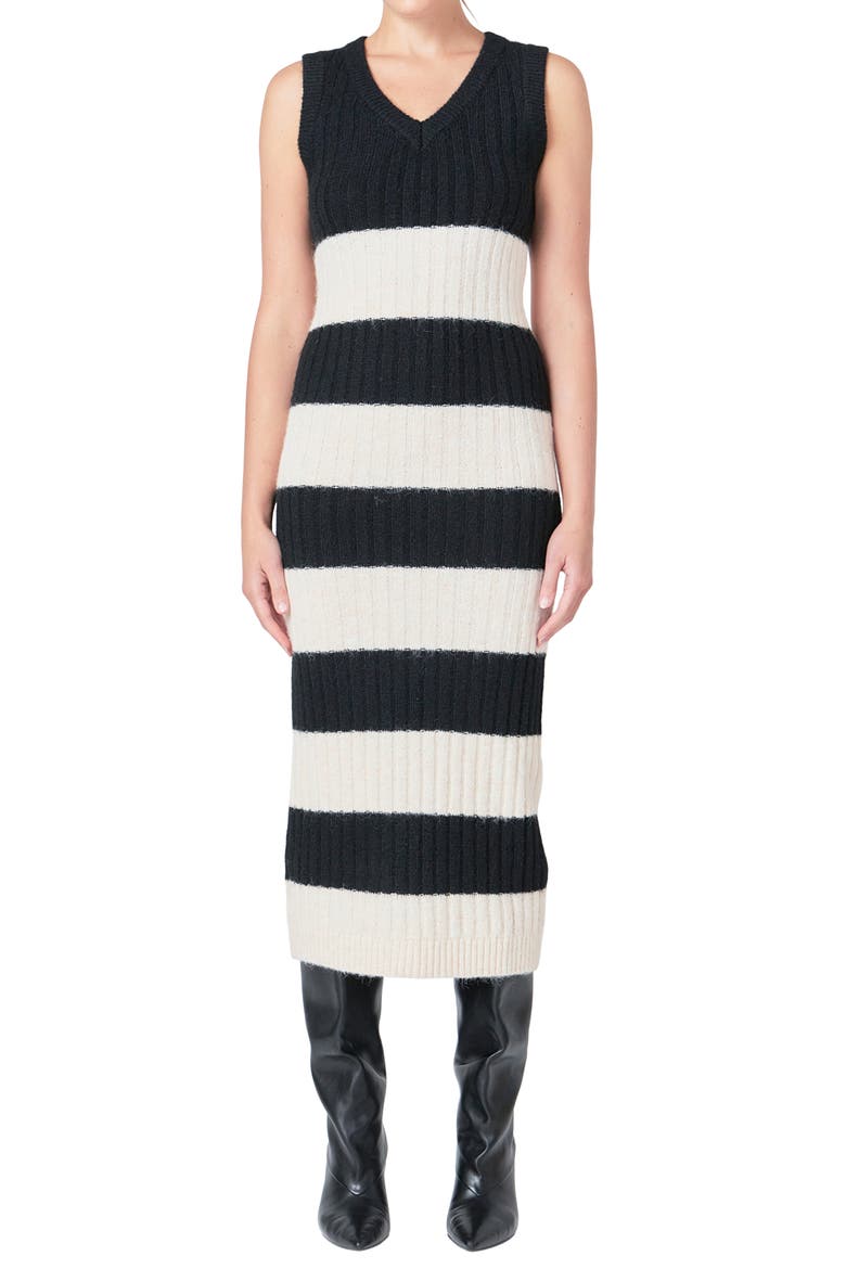 Stripe Midi Sweater Dress, Alternate, color, BLACK/ CREAM