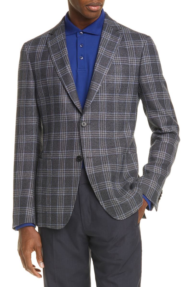 Z Zegna Trim Fit Plaid Wool & Linen Sport Coat, Main, color,