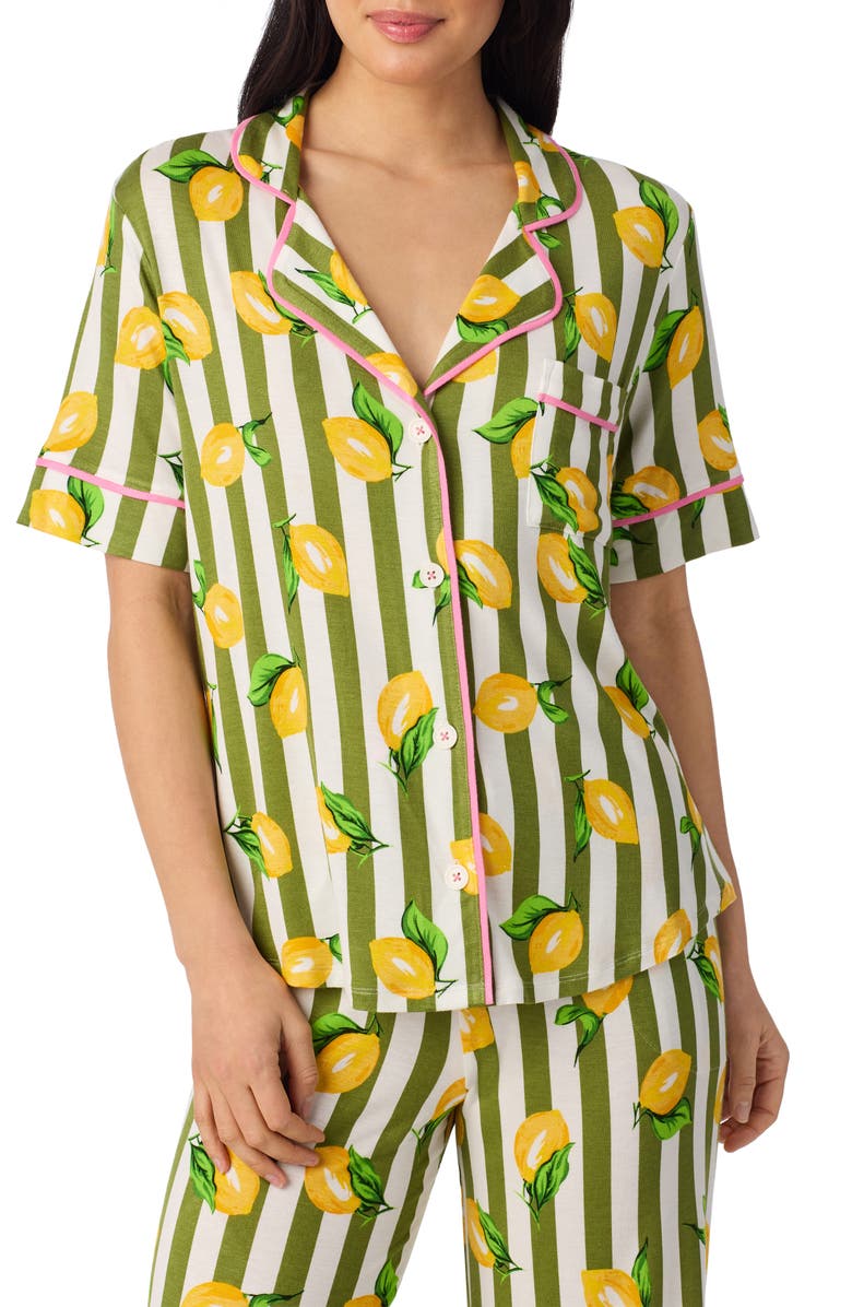 Room Service Pjs Print Long Pajamas, Alternate, color, Green Stripe