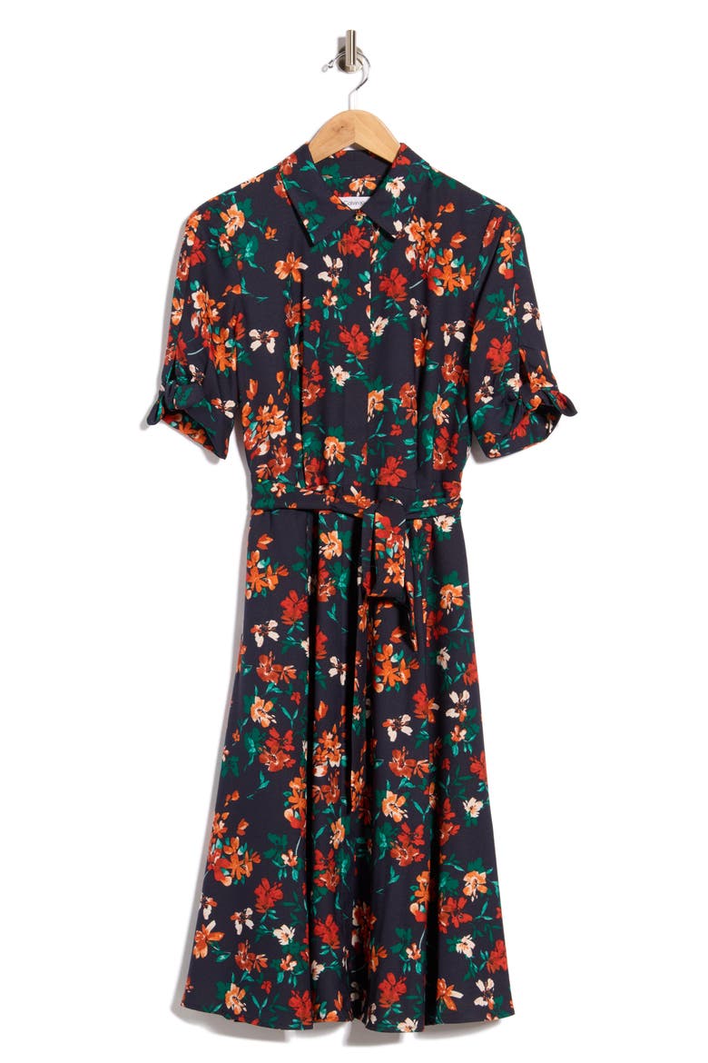 Floral Short Sleeve Tie Waist Shirtdress, Alternate, color, INDG/ CLAY MULT