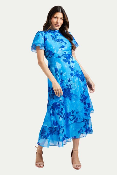 Floral Burn Out Ruffle Midi Dress