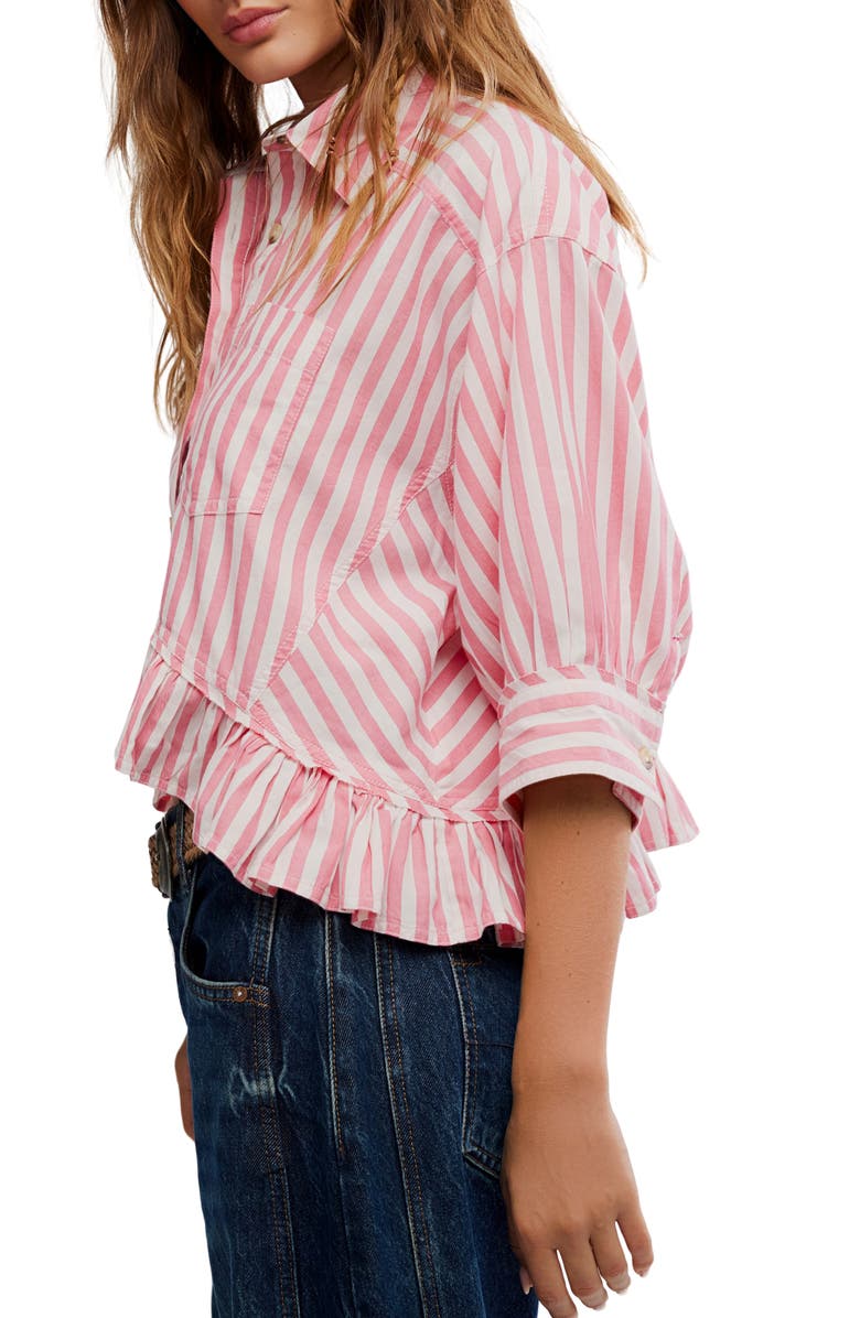 Free People Bailey Stripe Ruffle Hem Cotton Button-Up Shirt, Alternate, color, Coral Combo