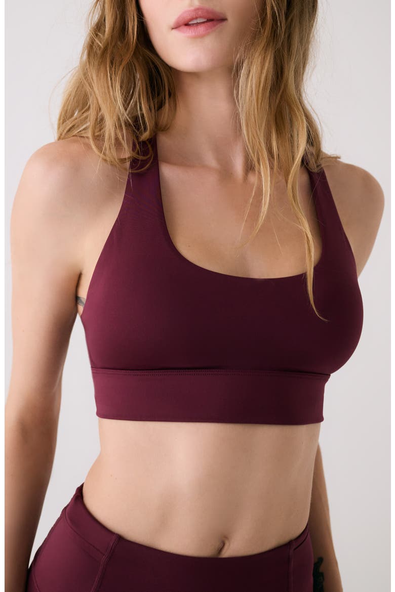 Action Strappy Sports Bra, Main, color, DARK CHERRY