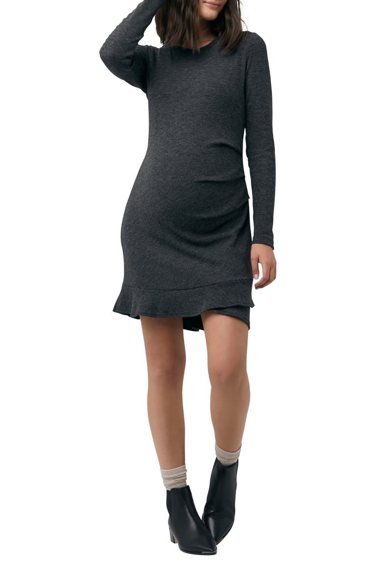 Evie Frill Hem Long Sleeve Rib Maternity Dress, Main, color, CHARCOAL