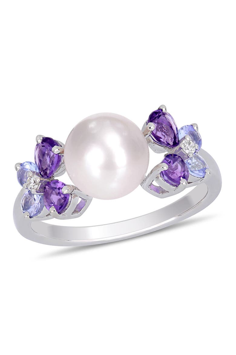 Sterling Silver Diamond & Assorted Stone 8-8.5mm Freshwater Pearl Ring, Main, color, PURPLE