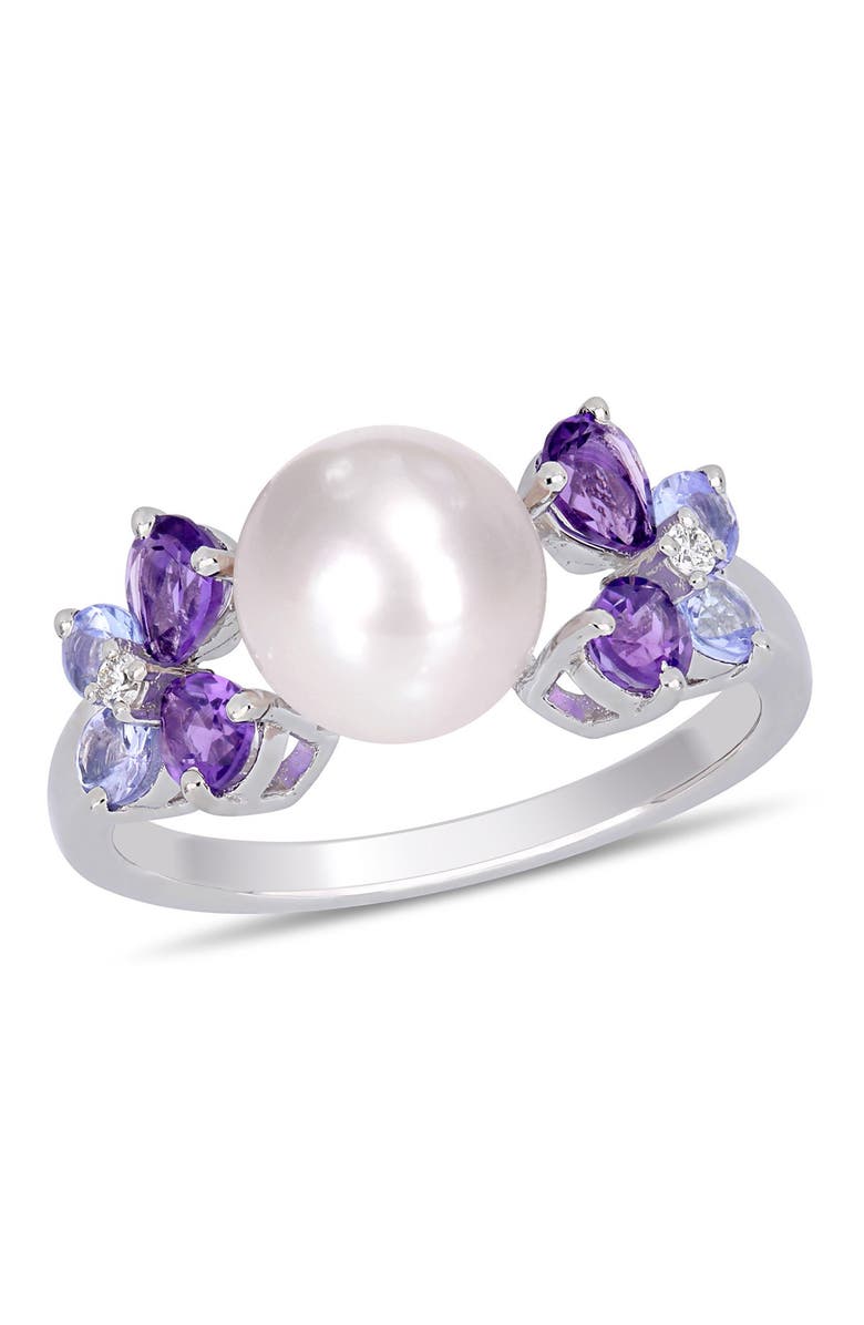 DELMAR Sterling Silver Diamond & Assorted Stone 8-8.5mm Freshwater Pearl Ring, Main, color, Purple
