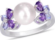 DELMAR Sterling Silver Diamond & Assorted Stone 8-8.5mm Freshwater Pearl Ring