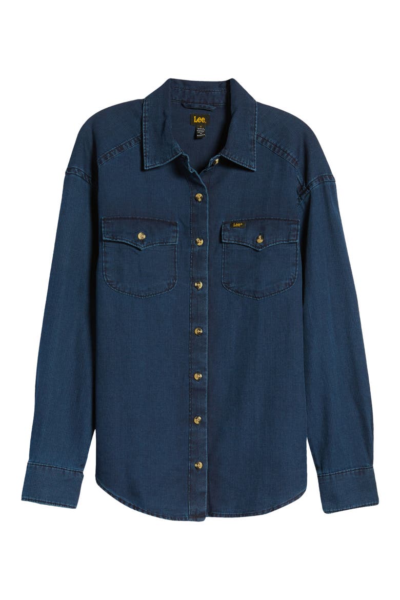 Frontier Western Button Front Denim Shirt, Alternate, color, DARK WASH HERRINGBONE