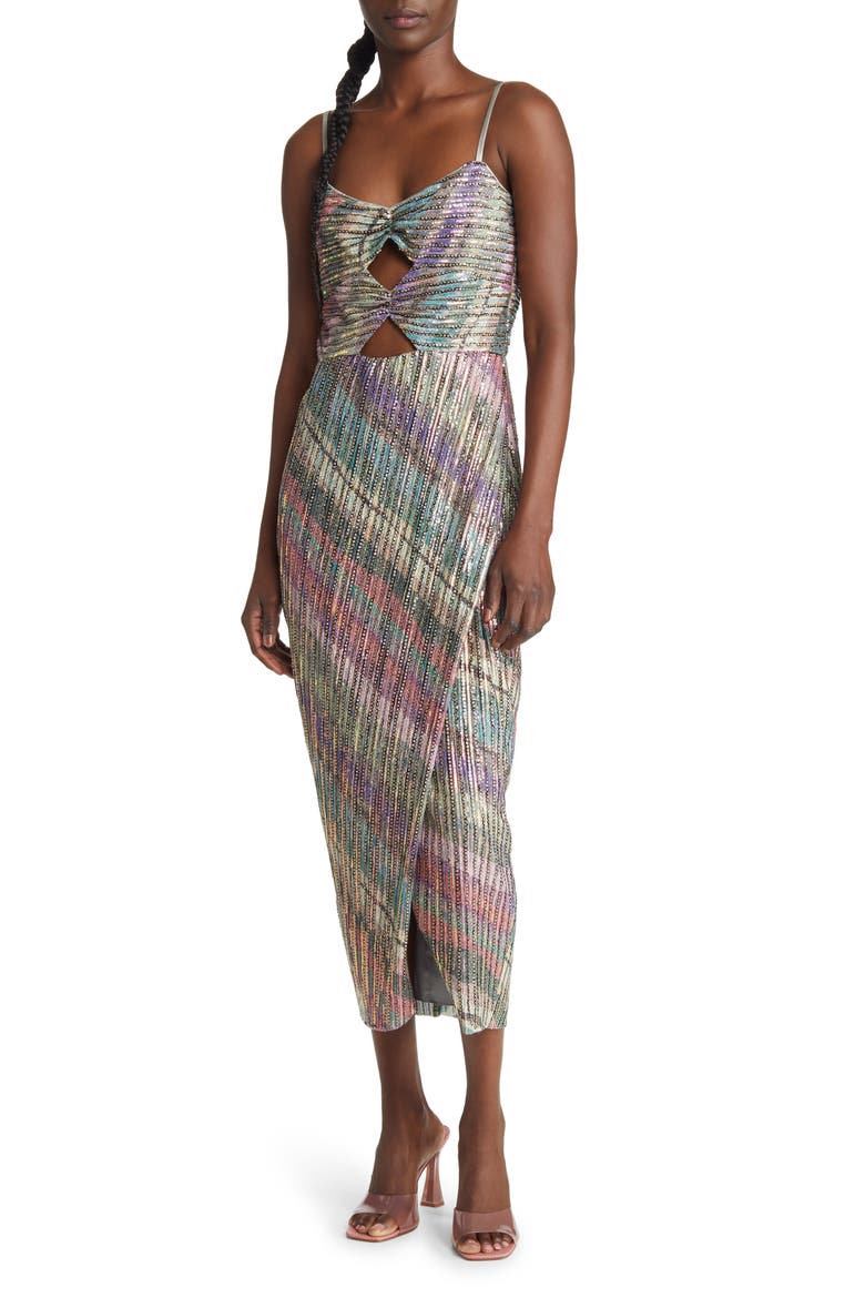 Lissandra Rainbow Crystal Detail Cocktail Dress, Main, color, RAINBOW