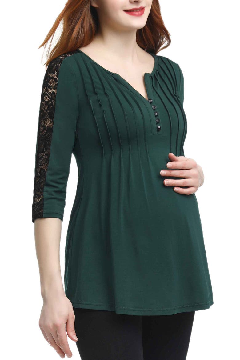 Lucy Lace Accent Pleated Maternity Top, Alternate, color, Forest Green