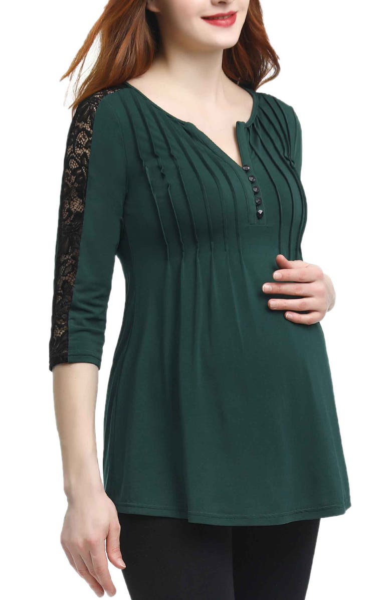 Kimi & Kai Lucy Lace Accent Pleated Maternity Top, Alternate, color, Forest Green