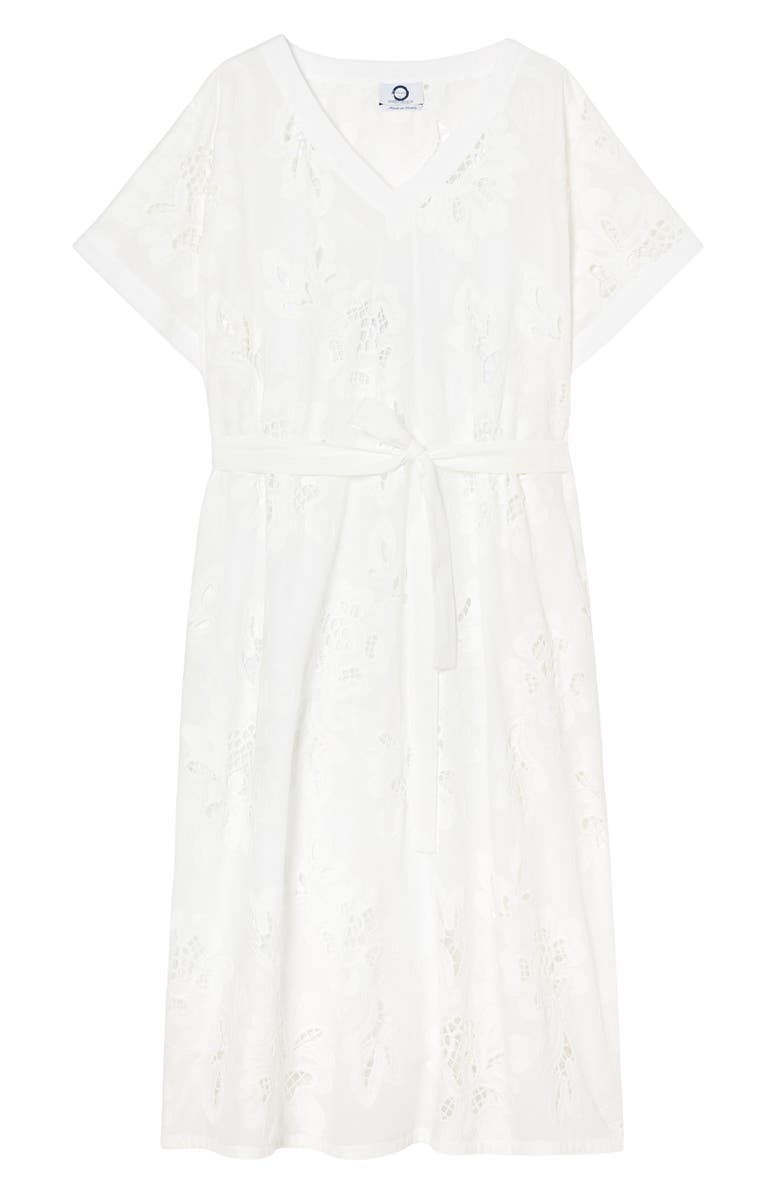Marina Rinaldi Micaela Embroidered Short Sleeve Cotton Midi Dress, Alternate, color, Optical White