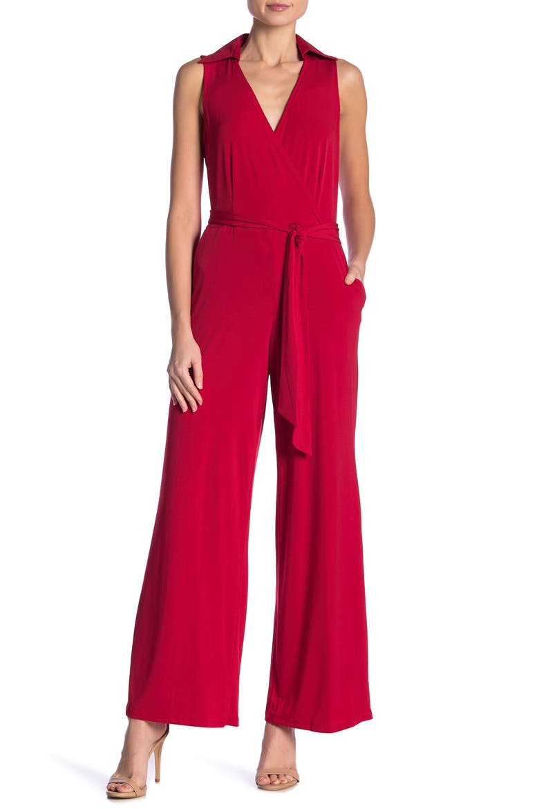 Solid Tie Waist Jumpsuit, Main, color, RED