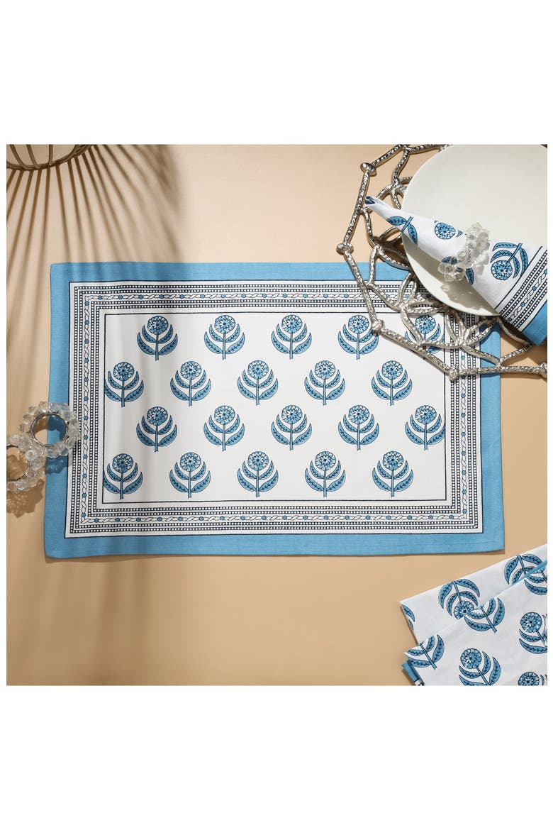 Set of 4 Floral Block Print Cotton Napkins, Alternate, color, BLUE
