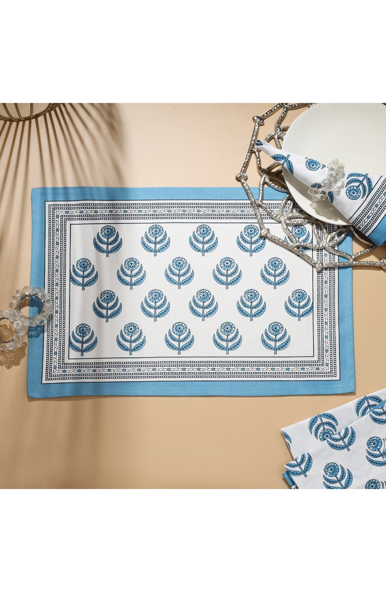 Tiramisu Set of 4 Floral Block Print Cotton Napkins, Alternate, color, Blue