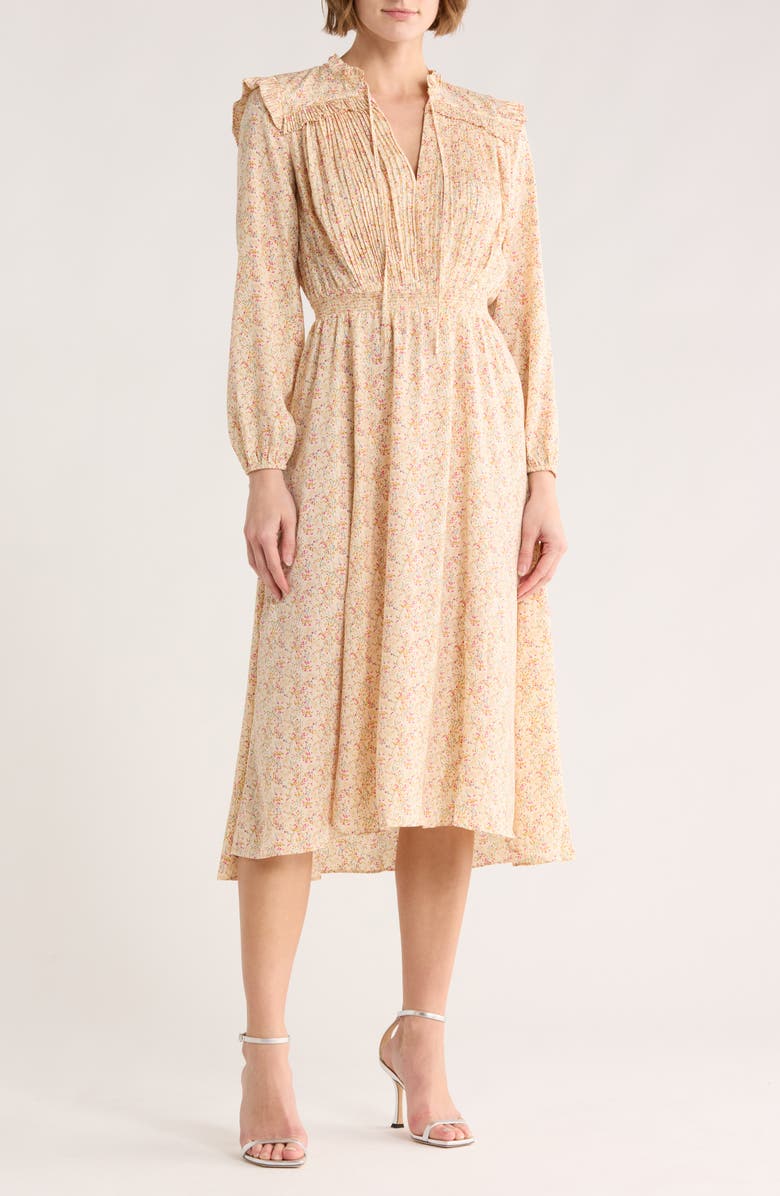 maje Ripletto Long Sleeve Midi Dress, Main, color, Imprime Fleurs Ecru/Fuchsia