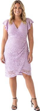 24seven Comfort Apparel Curvy Elevate Lace V-Neck Flutter Sleeve Faux Wrap Midi Dress
