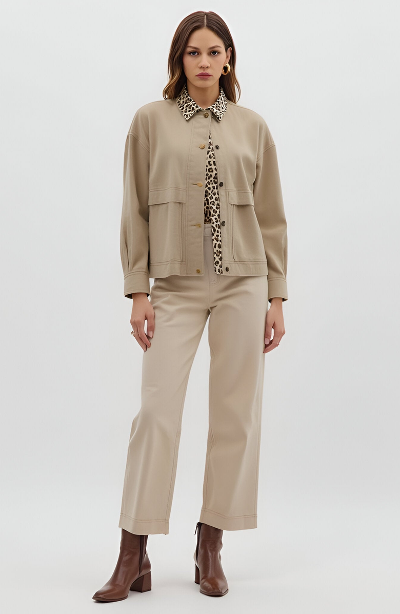 Modenaire Cropped Utility Jacket with Leopard Collar, Alternate, color, Beige / Leopard Print