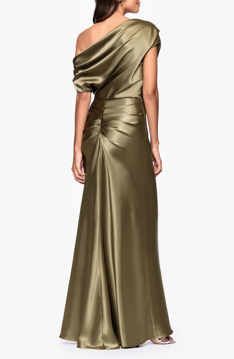 Betsy & Adam One-Shoulder Satin Sheath Gown, Alternate, color, Olive