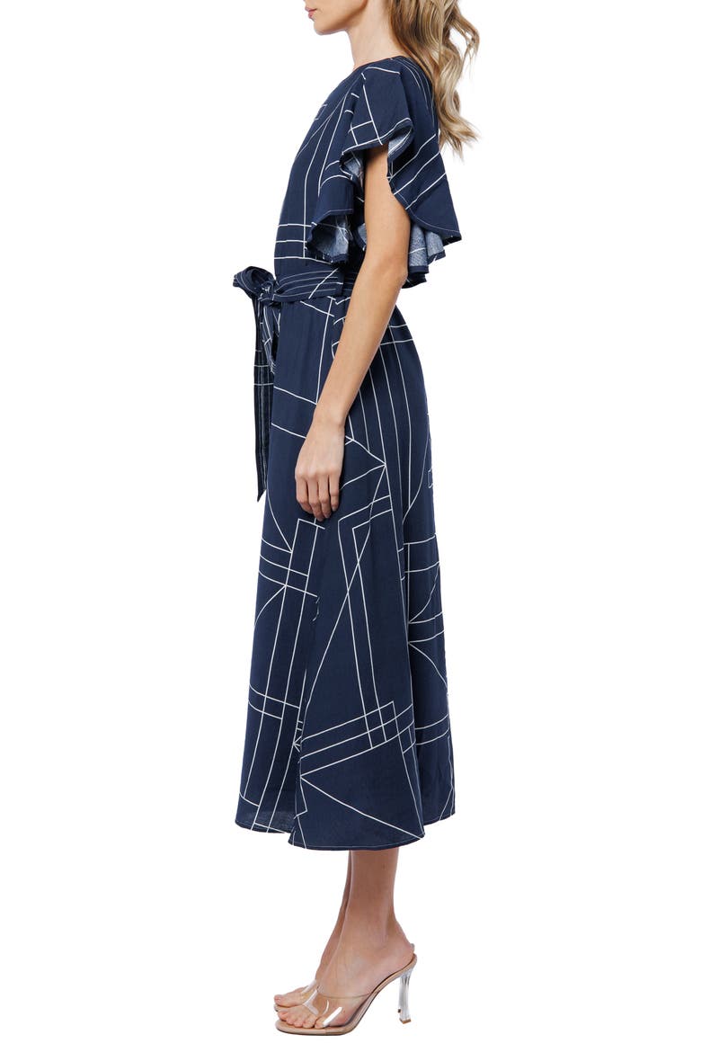 Anastasia Geo Print Flutter Sleeve Dress, Alternate, color, NAVY/ WHITE