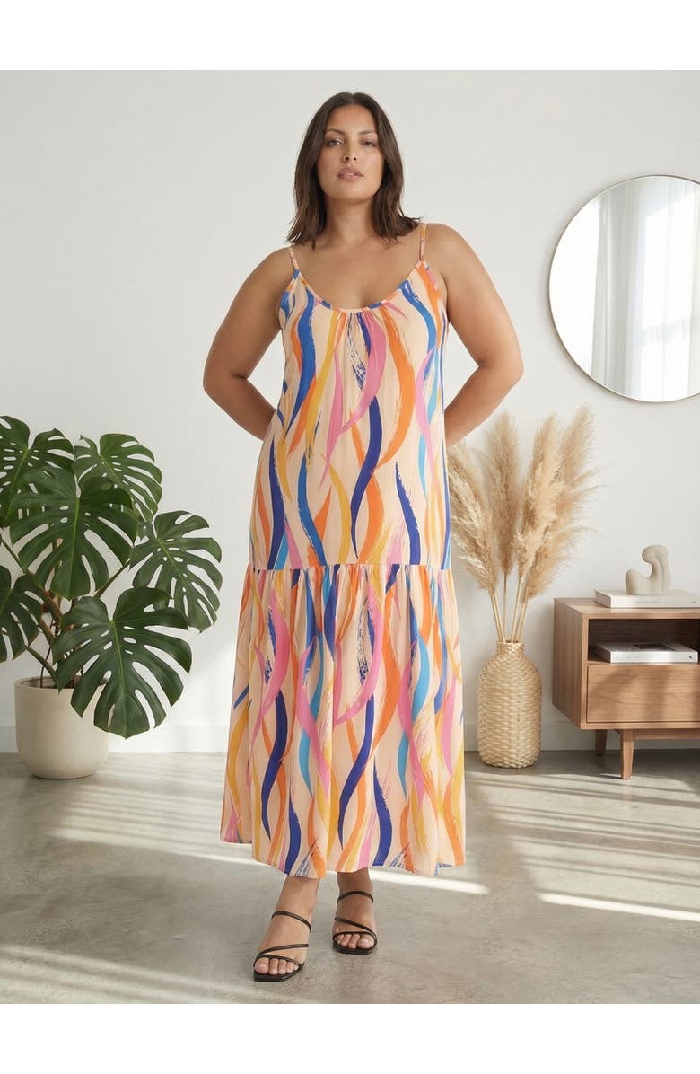 24seven Comfort Apparel Curvy Essential Abstract Print Scoop Neck Spaghetti Strap Pocket A-Line Maxi Dress, Alternate, color, Orange Multi